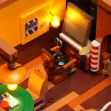 Lit barbershop interior.
