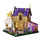 Front view of Lumibricks Retro House 10014 with warm and cool internal lighting.