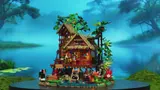 Treehouse against blue backdrop.