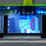 Close-up of glowing data terminal display.