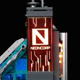 Close-up of lit top 'NEONCORP' logo.