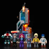 Minifigures and robot in front of blurred tower.
