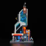 Lit Lumibricks Neo-Corp Tower at night with minifigures.