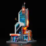 Elevated view of lit Lumibricks Neo-Corp Tower.