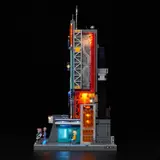 Side view of lit Lumibricks Tower with data stream.
