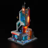 Wide, elevated view of lit Lumibricks Tower.
