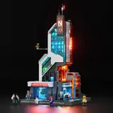 Lit Lumibricks Neo-Corp Tower with minifigures on dark background.