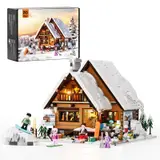 Lumibricks Ski Lodge F9041, illuminated full model with minifigures and box.