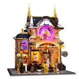 Lit steampunk magic shop facade.