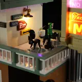 Illuminated motel upper terrace.