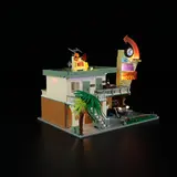 Illuminated motel corner view.