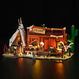 Trading Post at dusk with soft glow.
