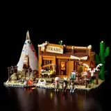 Illuminated Trading Post, wide dark shot.