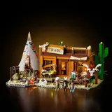 Lit-up Western Trading Post set on dark background.
