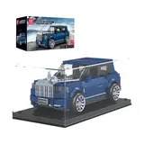 Mould King blue luxury SUV brick model with display case.